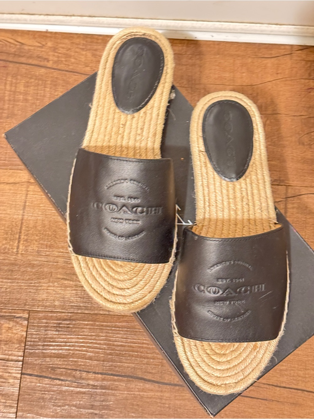Coach Black Leather Espadrille Slide Sandals with Natural Jute Footbed - Picture 3 of 6